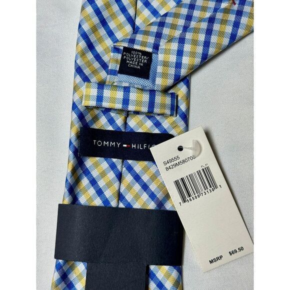 Tommy Hilfiger Men's Polyester Tie ~ Yellow & Blue Plaid Check New Tags Flaw NWT - Picture 4 of 7